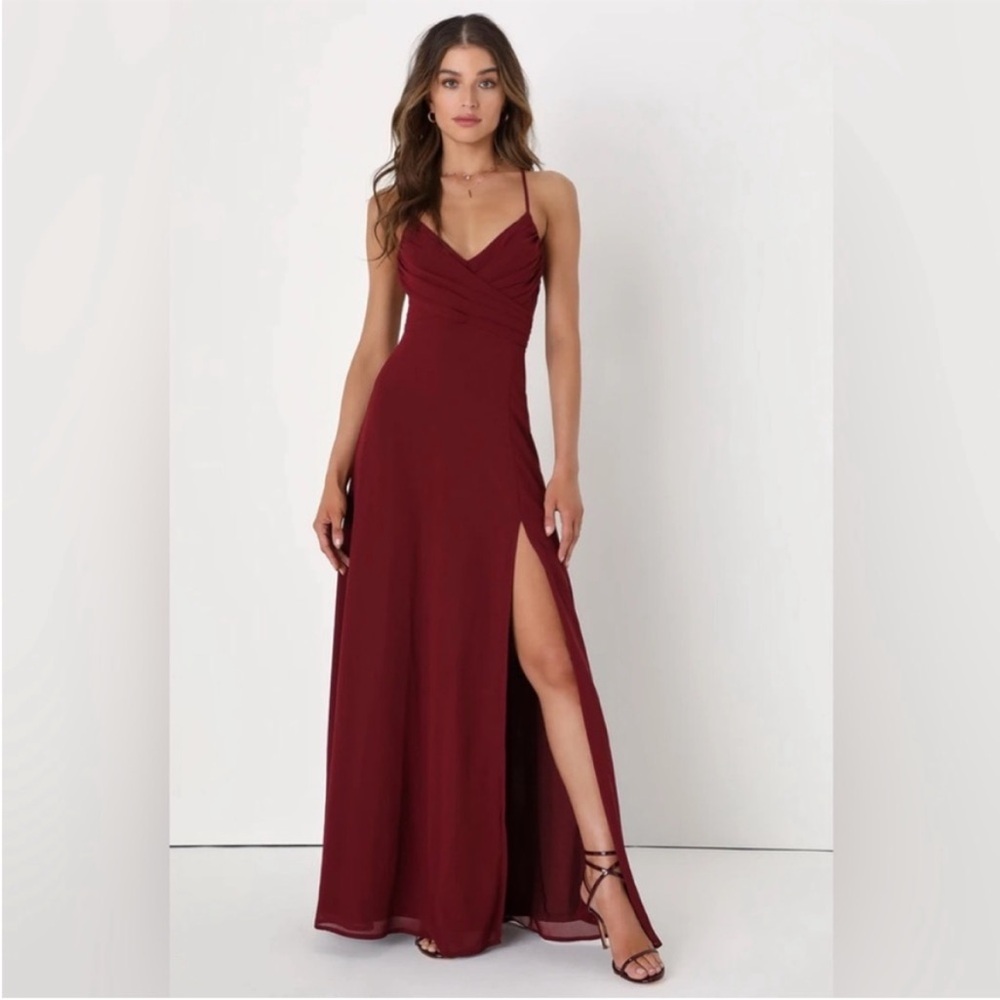 NWT - Lulus Event Ready Burgundy Red Backless Lace-Up Maxi Dress; Elegant Iconic